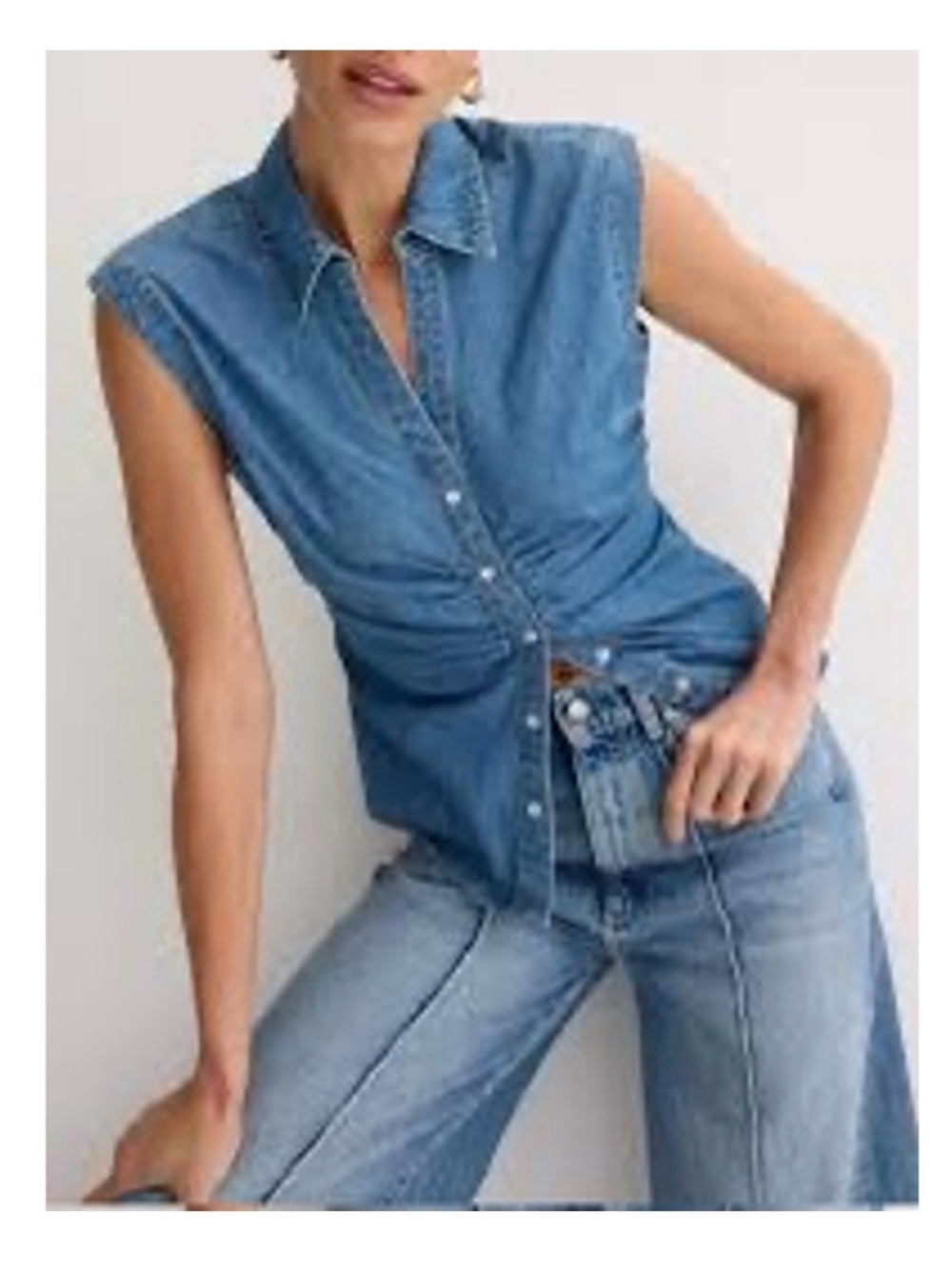 Zara Blue Denim Sleeveless Top Ruched Waist Size Small